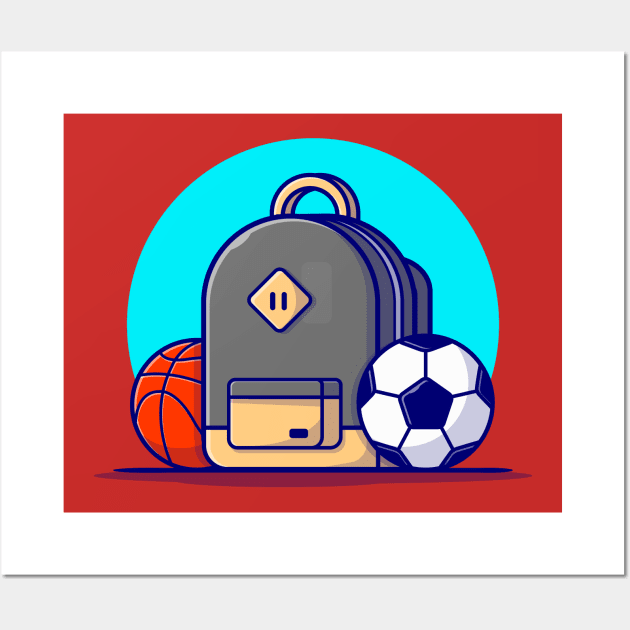 Backpack With Soccer Ball And Basket Ball Cartoon Vector Icon Illustration Wall Art by Catalyst Labs